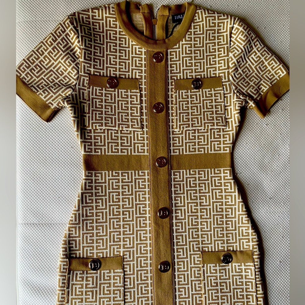 Mini stretch Balmain knitwear brown and white dress